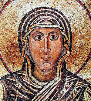 Лик божьей матери в мозаике на фреске