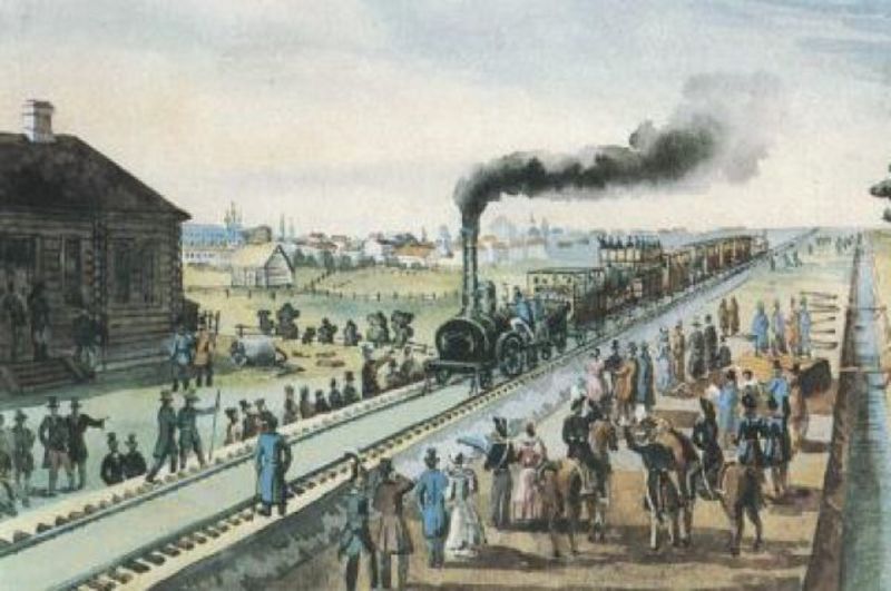 Старинная картина, изображающая железную дорогу